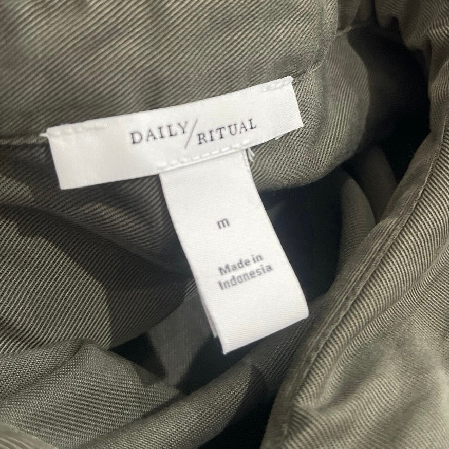 Daily Ritual Olive Green Button Down Belted Shirt Dress SZ M Safari Utility