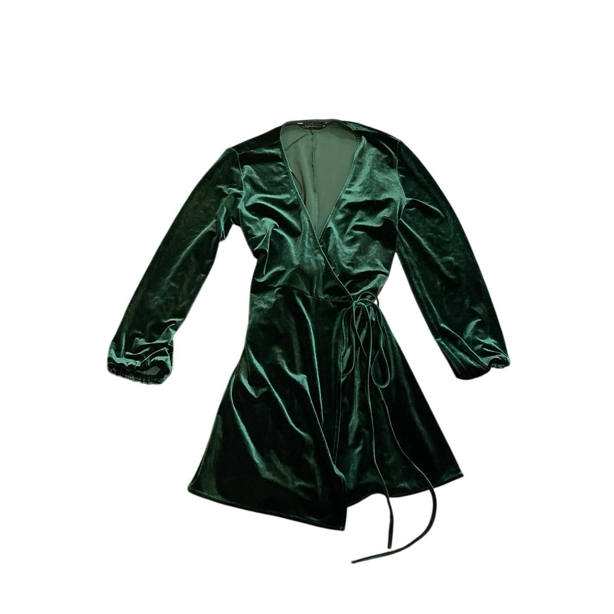 Zara Emerald Green Velvet Wrap Mini V-Neck Long Sleeve Dress SZ M Holiday Party