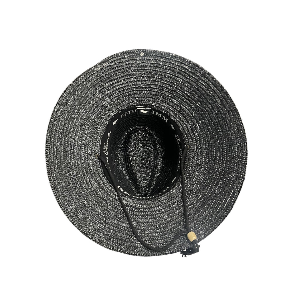 Peter Grimm Black Woven Straw Wide Brim Sun Hat Drawstring Outdoor Beach NWT