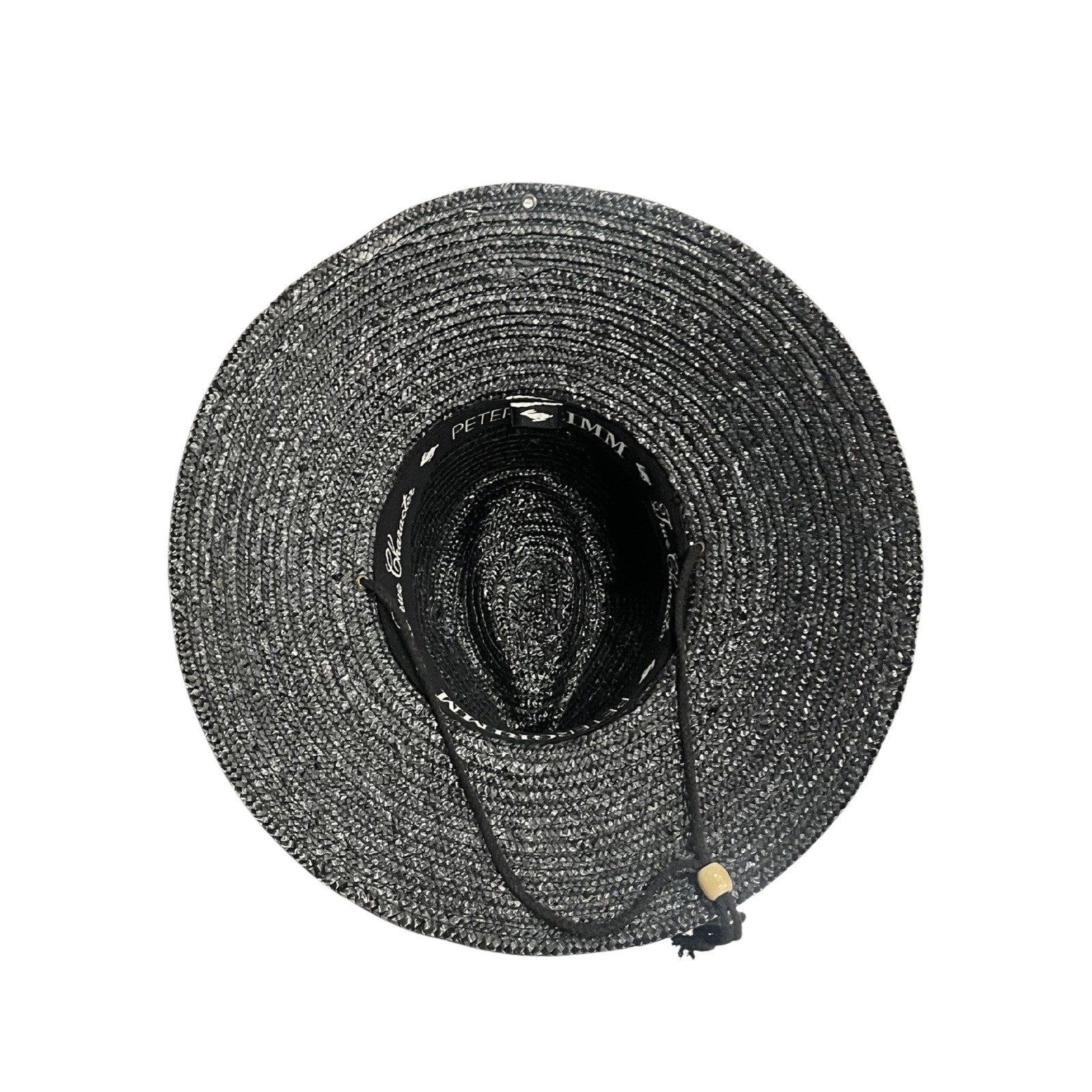 Peter Grimm Black Woven Straw Wide Brim Sun Hat Drawstring Outdoor Beach NWT