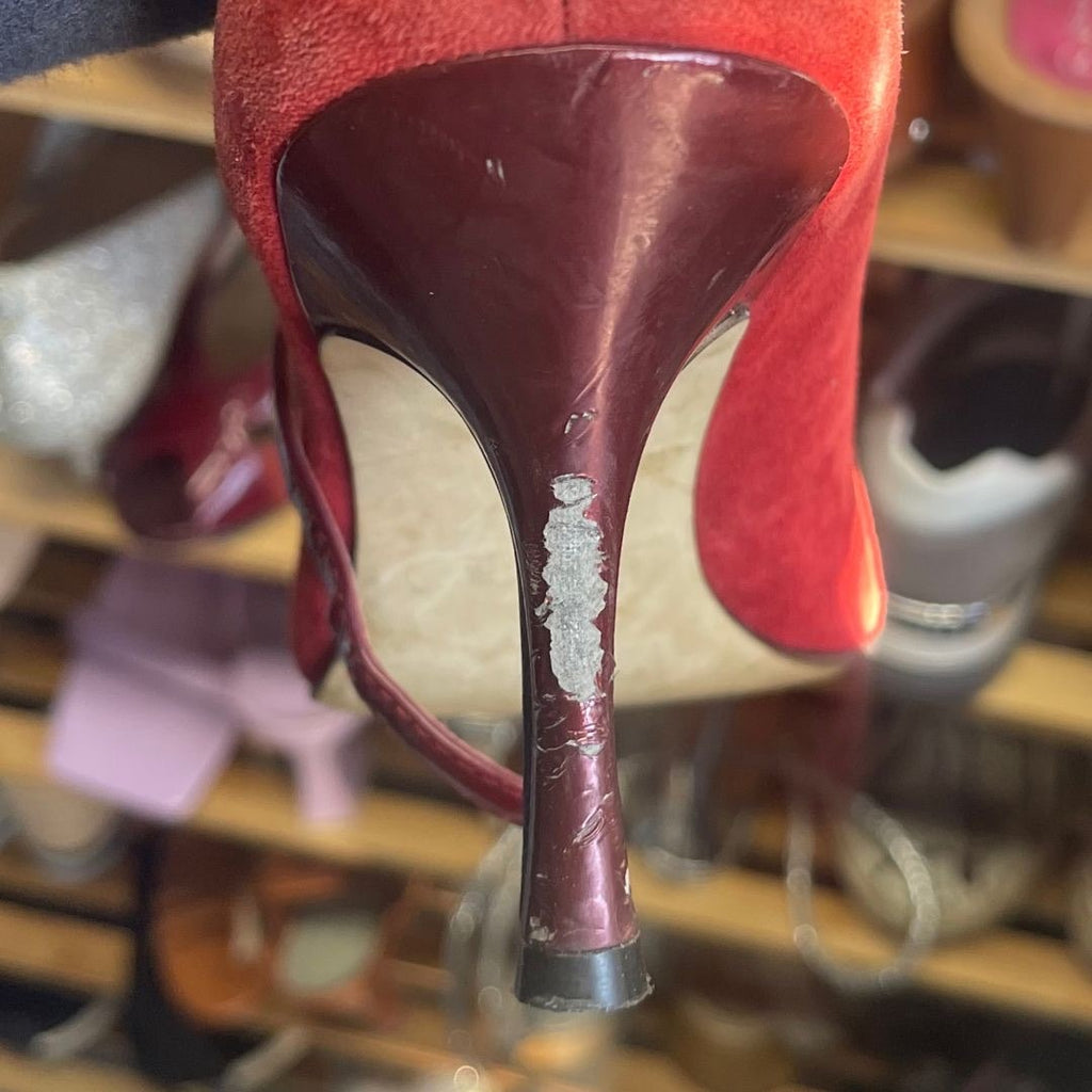 Anne Klein Mary Jane Peep Toe Red Suede Leather Heels Pumps Size 7.5 Rockabilly