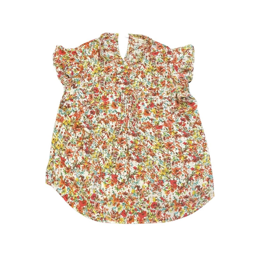 Alex & Lili Multicolor Floral Pintuck Ruffle Neck Blouse SZ Large Flowy Peasant