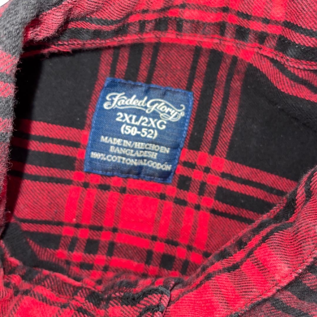 Faded Glory Men Long Sleeve Button Down Flannel Shirt Red Black Plaid Size 2XL