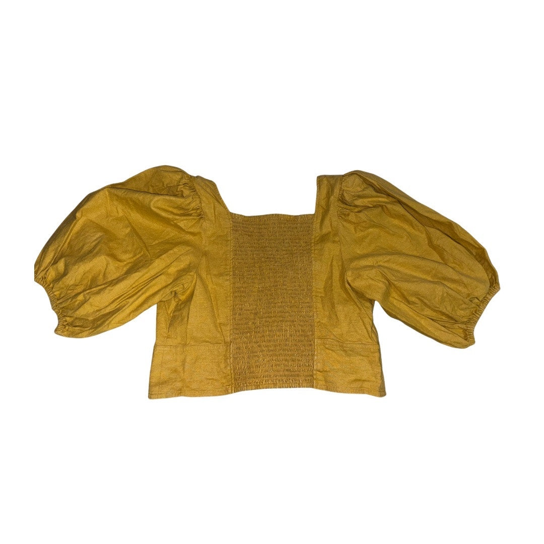 EXPRESS Cropped Blouse Linen Blend Ruched Mustard Yellow Size Large