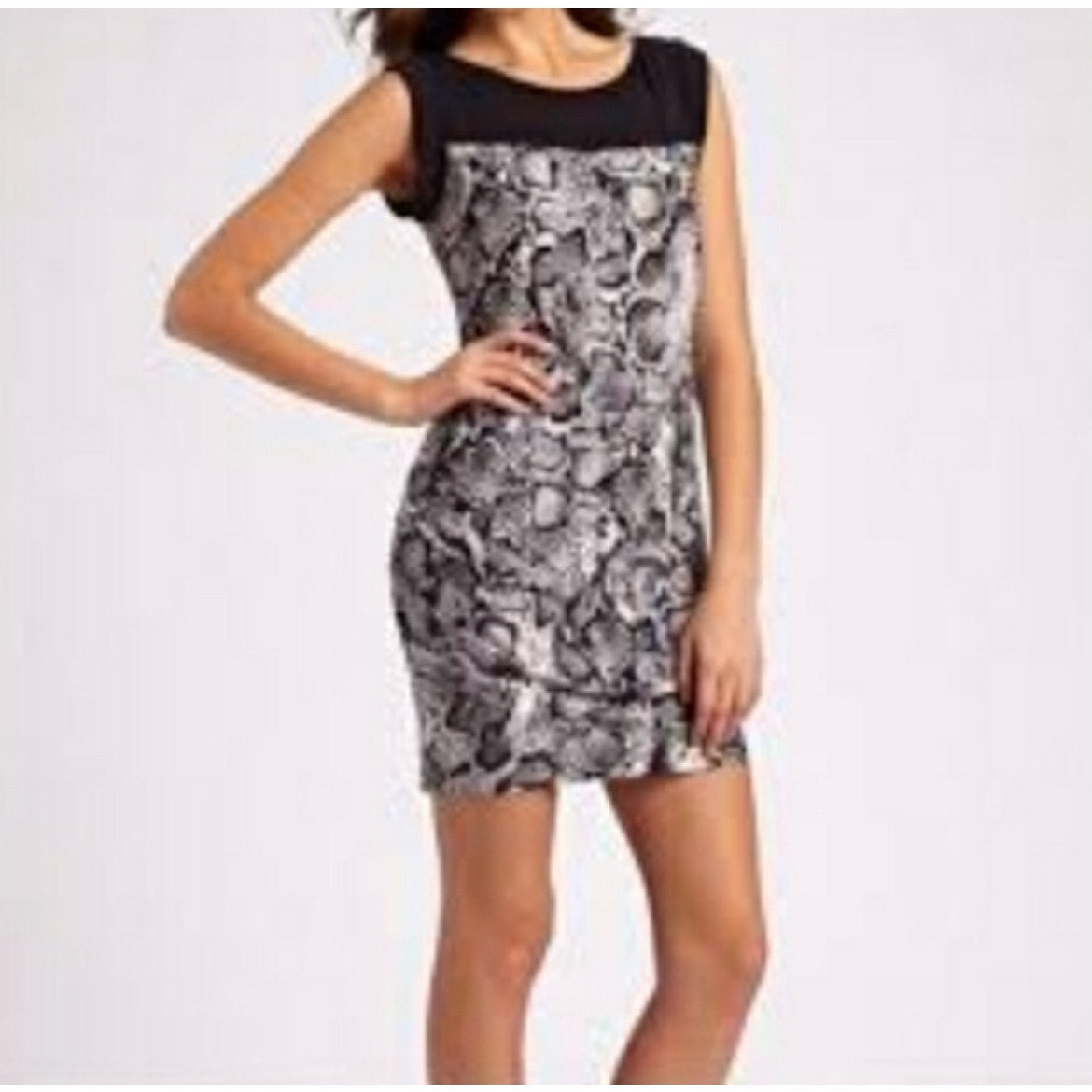 BCBGMAXAZRIA Delia Snake Print Dress Cap Sleeve Side Ruching Size 2