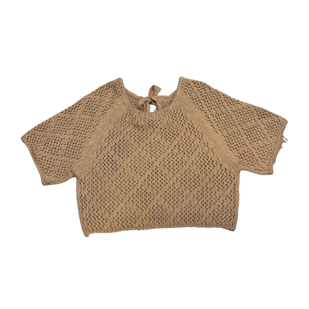 Brown Open Knit Short Sleeve Sweater Tie Back Detail Size Large Boho Crochet