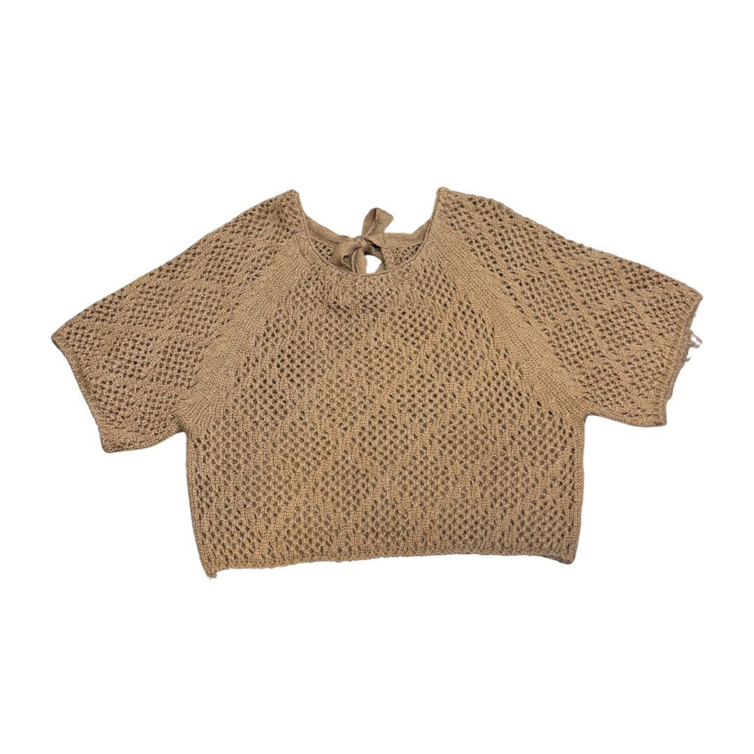 Brown Open Knit Short Sleeve Sweater Tie Back Detail Size Large Boho Crochet