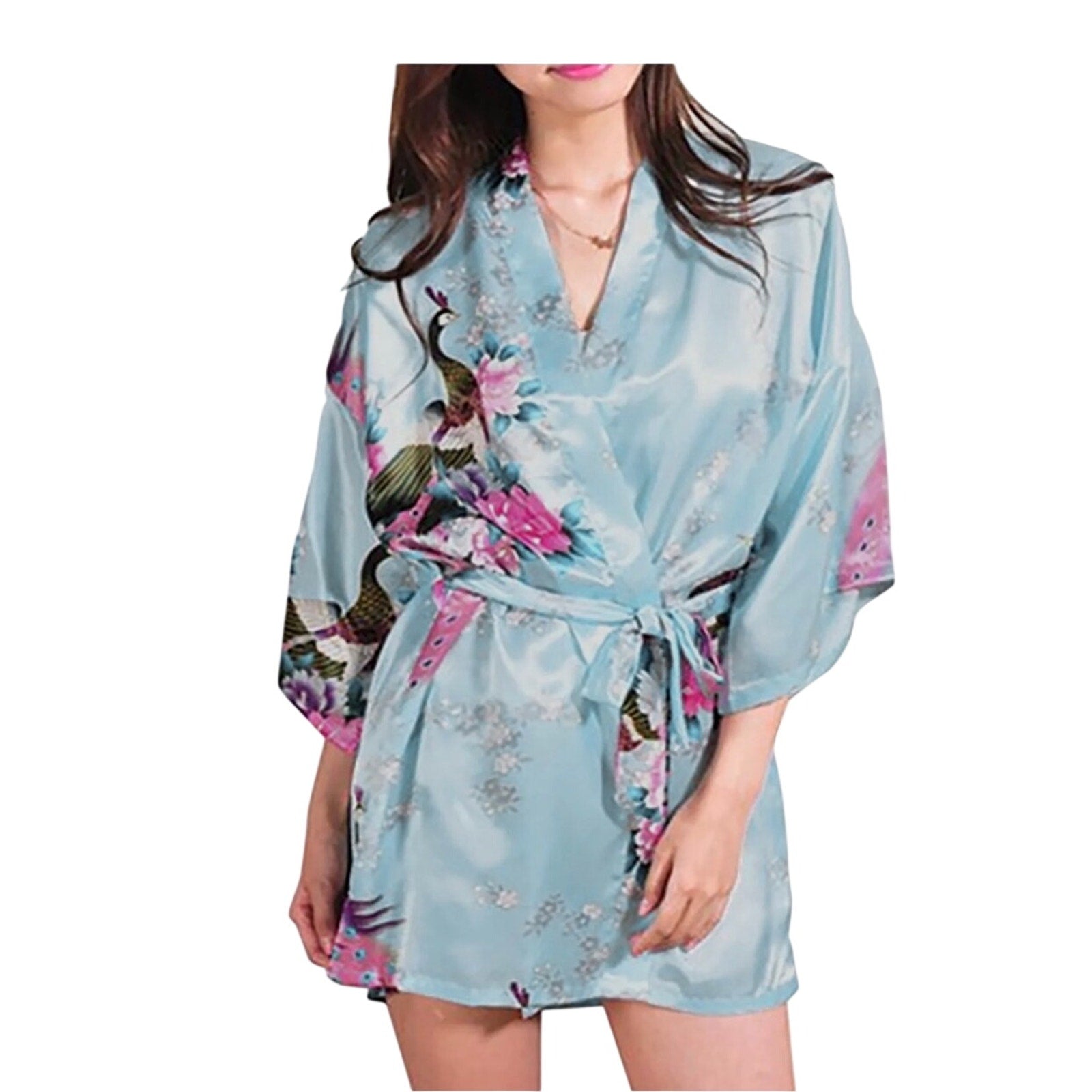 Floral Short Peacock Kimono Robe Blue Teal Satin Fabric Bridesmaid Bride