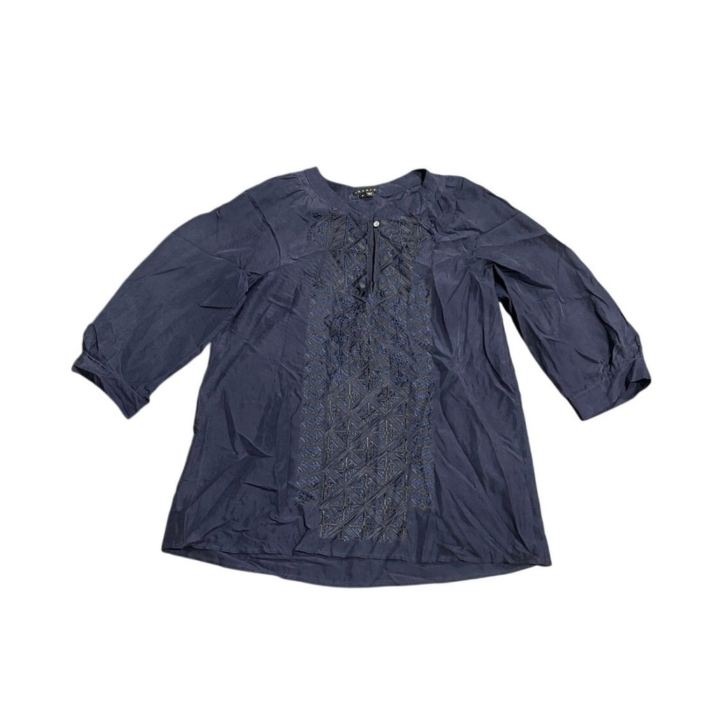 Theory Reiba Navy Blue Silk Embroidered Boho Tunic Blouse SZ P Boho Casual