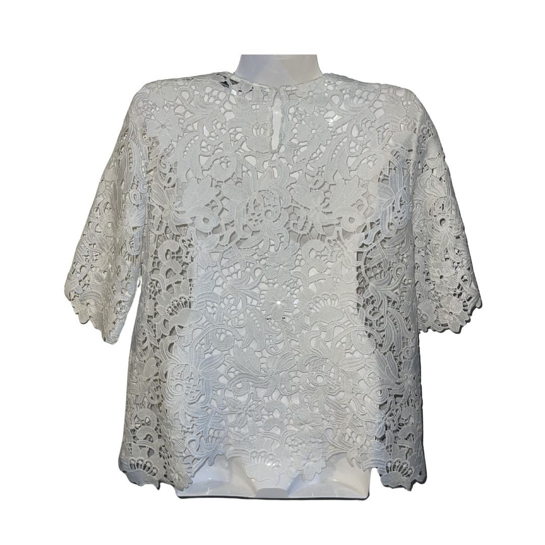 Zara White Floral Lace Crochet Short Sleeve Blouse SZ XS Boho Romantic Chic