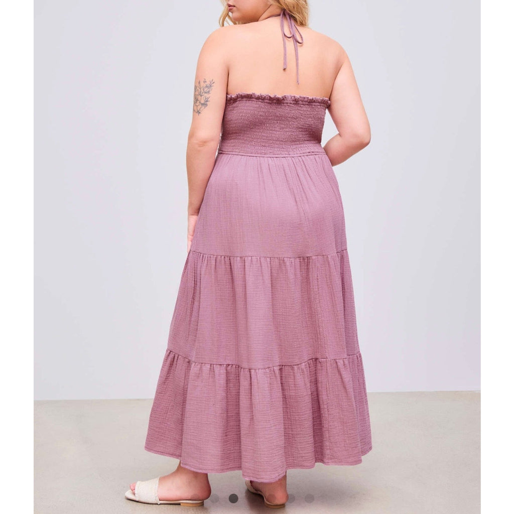 CIDER NWT HALTER SOLID KNOTTED SHIRRED EMBROIDERY RUFFLE TIERED MAXI DRESS CURVE & PLUS