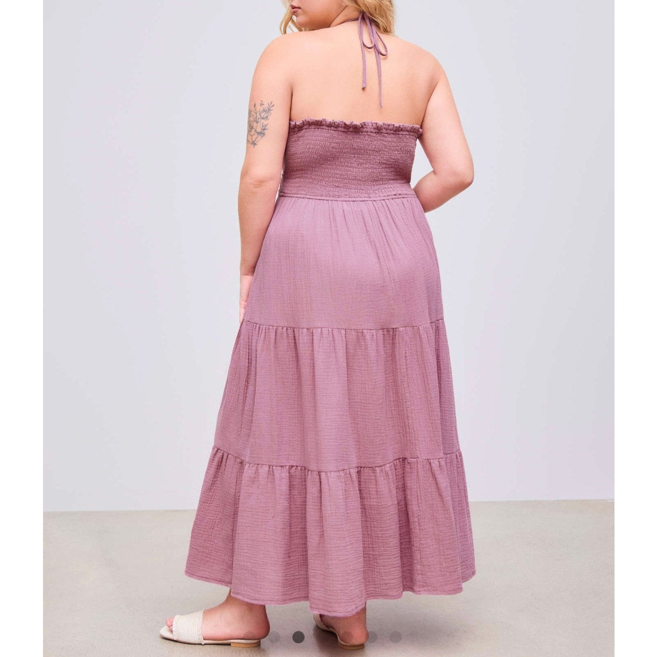 CIDER NWT HALTER SOLID KNOTTED SHIRRED EMBROIDERY RUFFLE TIERED MAXI DRESS CURVE & PLUS