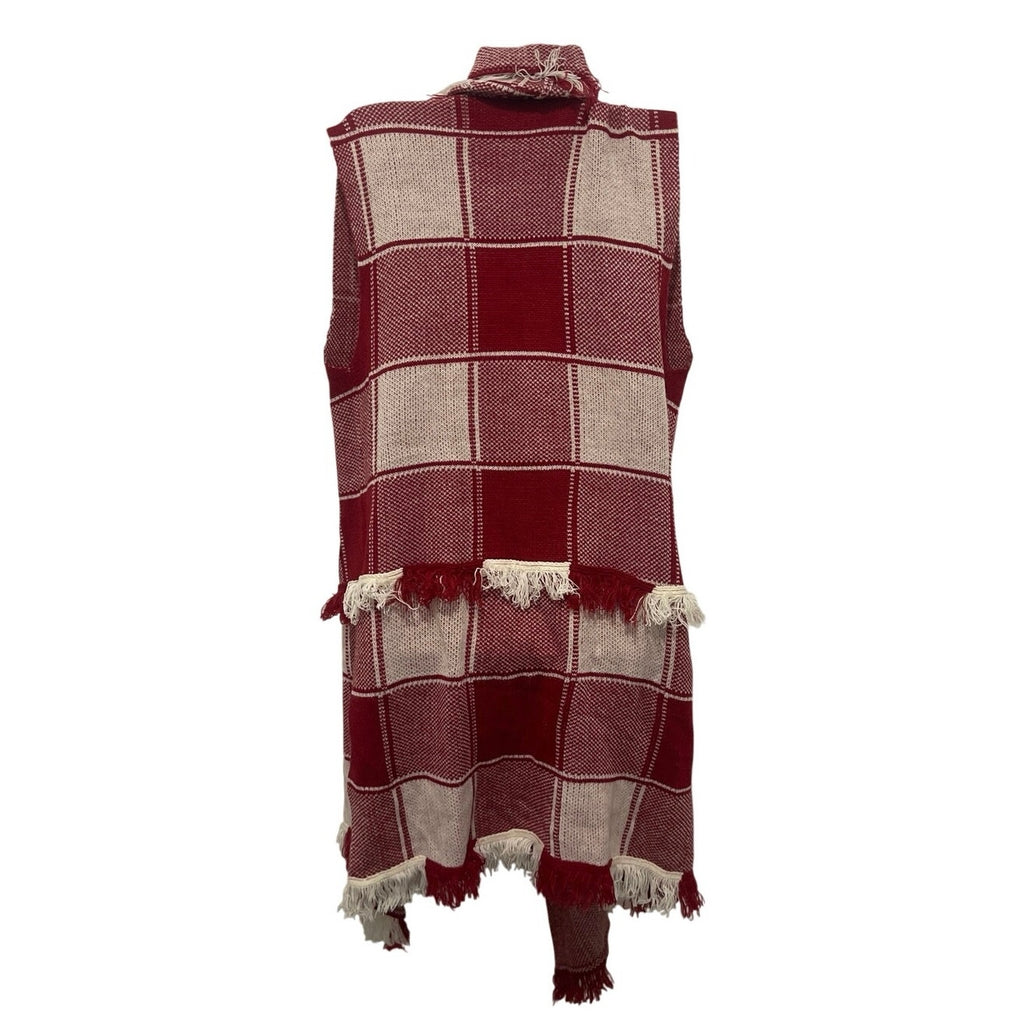 Plaid Sleeveless Open Draped Fringed Hem Sweater Vest SZ L Lagenlook Boho