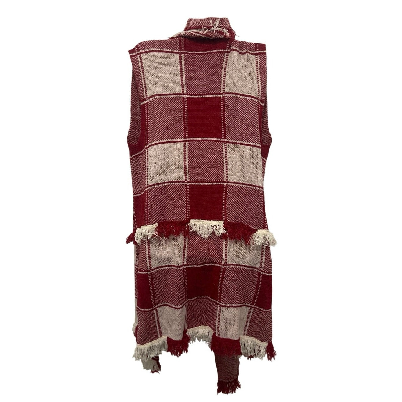 Plaid Sleeveless Open Draped Fringed Hem Sweater Vest SZ L Lagenlook Boho