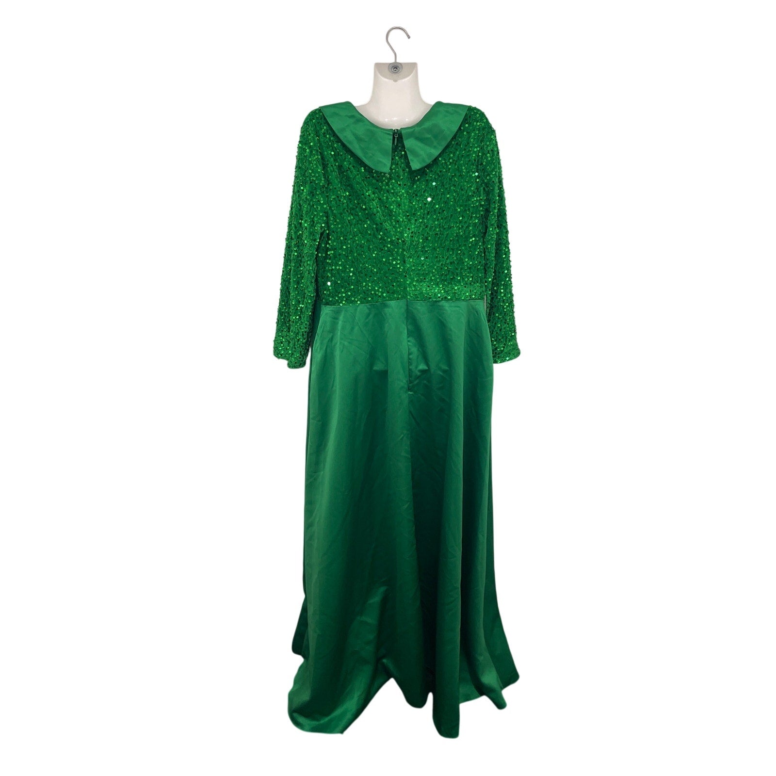 Emerald Green Sequined Formal Gown Dress Wide Collar A-Line Maxi Wicket Costume