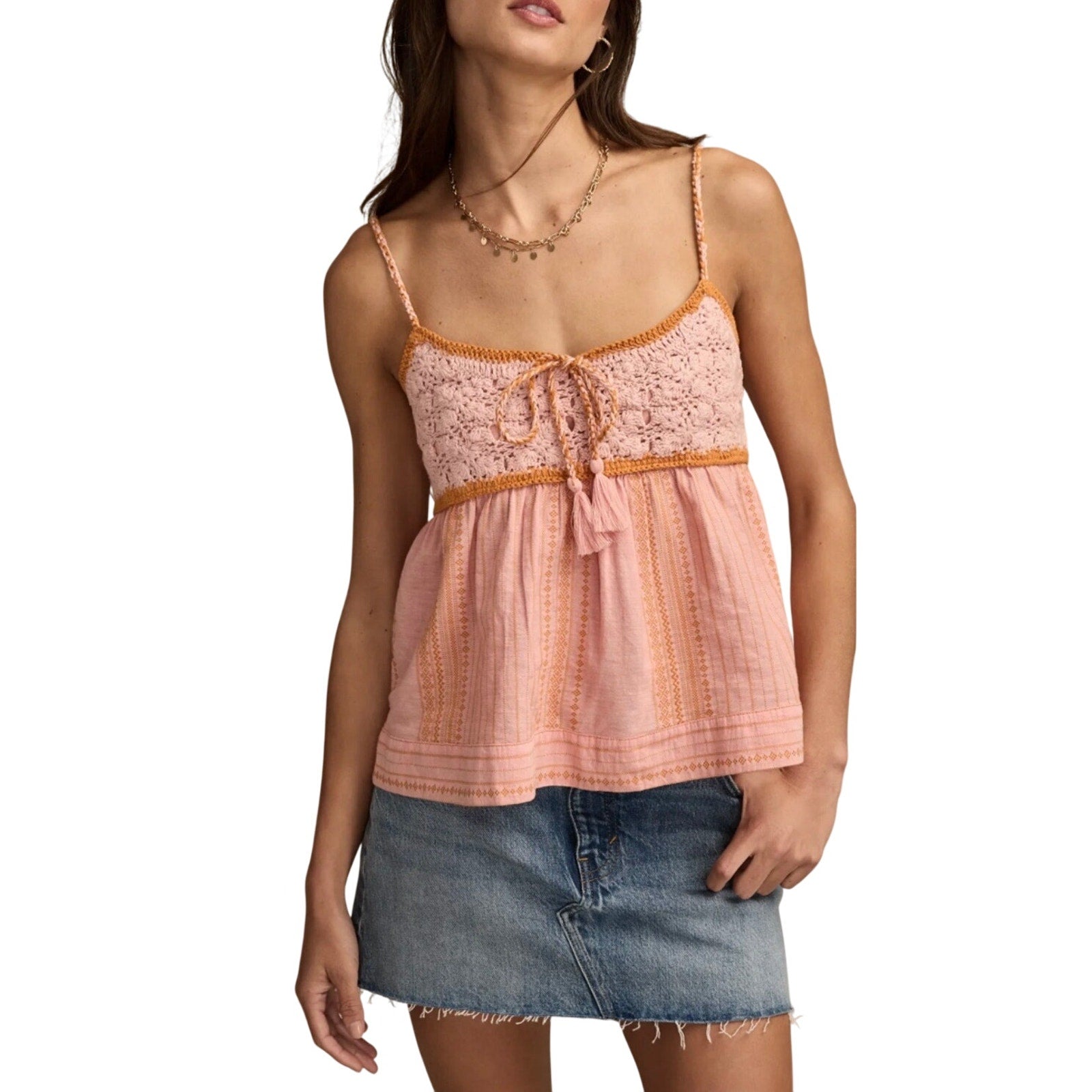 Lucky Brand Crochet Bodice Tank Smoked Top Size XL Boho Festival Camisole NWT