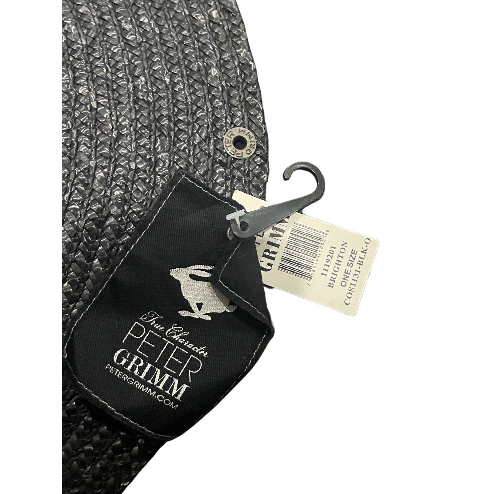 Peter Grimm Black Woven Straw Wide Brim Sun Hat Drawstring Outdoor Beach NWT