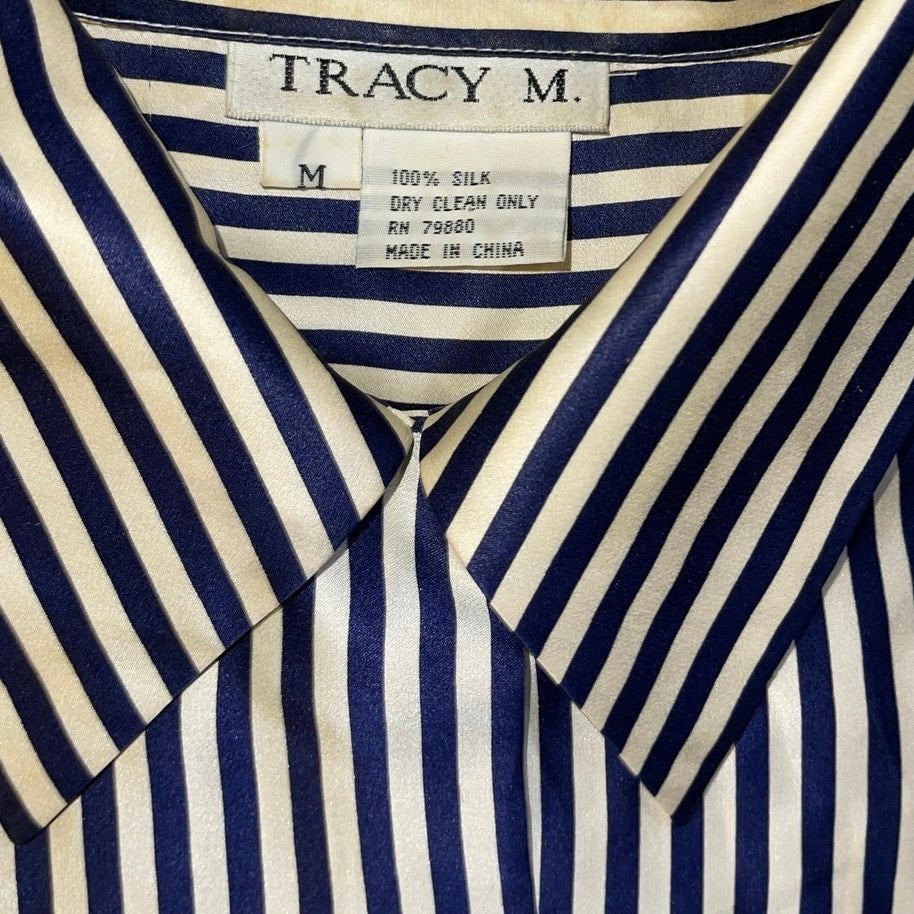 Tracy M Button Up Long Sleeve Striped Blouse 100% Silk Size M