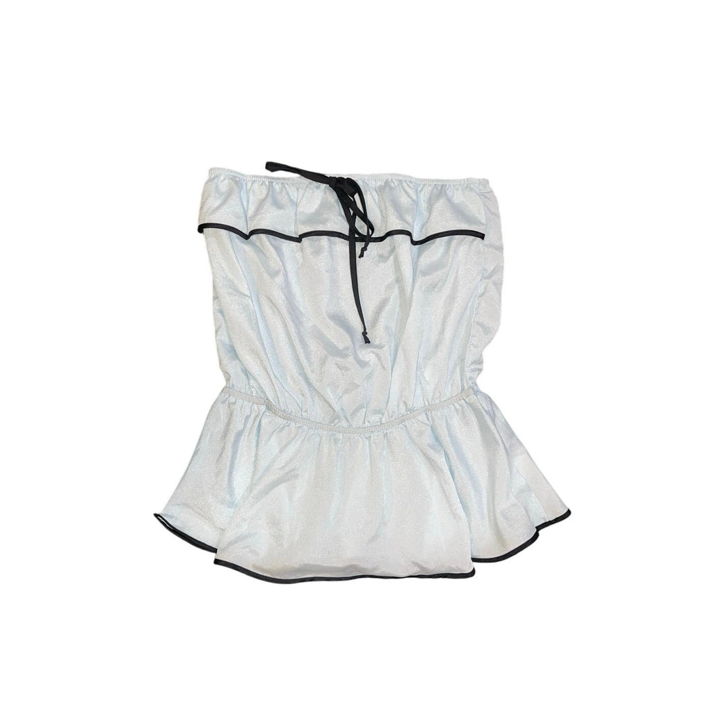 Sage Strapless  Ruched Ruffle Hem Peplum Tube Top Blouse