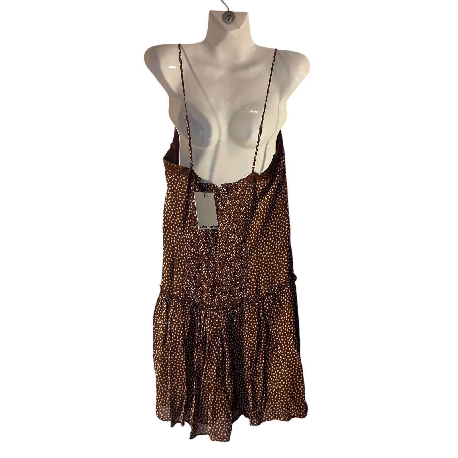 Reformation Citrus Brown Polka Dot Lace Trim Minidress 12 NWT Smoked Back Flirty
