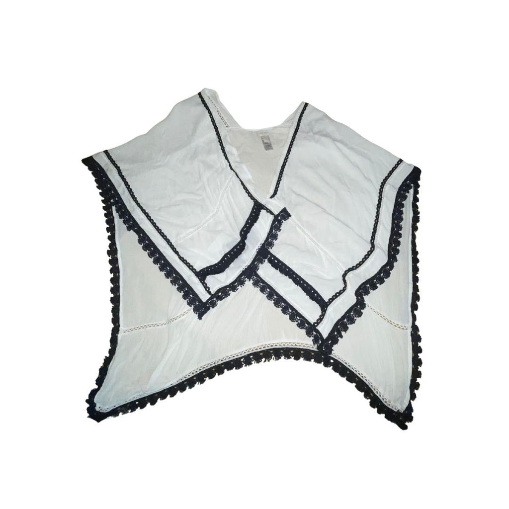 Chicos White with Black Woven Fringe Poncho Style Shawl Wrap Size S/M