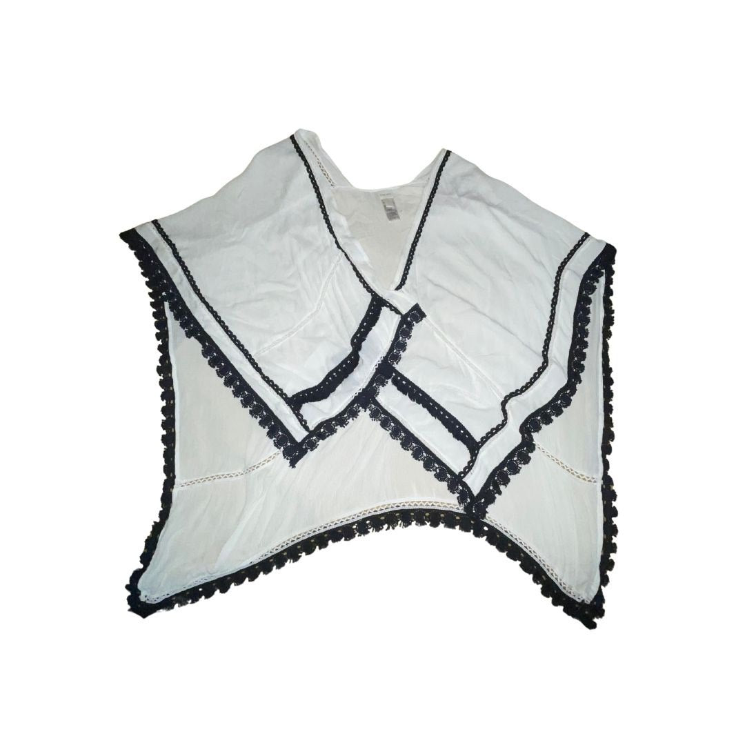 Chicos White with Black Woven Fringe Poncho Style Shawl Wrap Size S/M