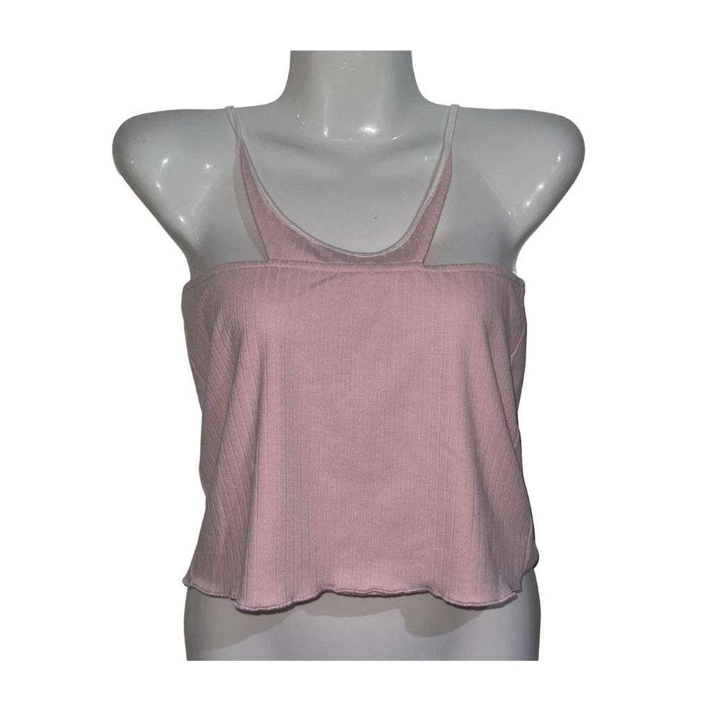 New Pink Ribbed Crop Top Spaghetti Straps Halter Size Small Y2K Flirty Girly
