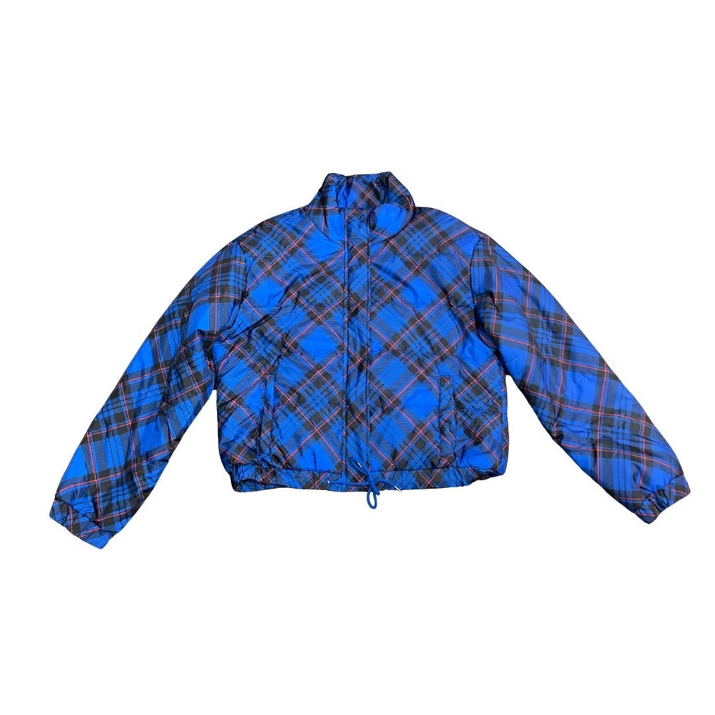Ashley Outerwear Juniors Royal Blue Plaid Puffer Jacket Size XL Cropped