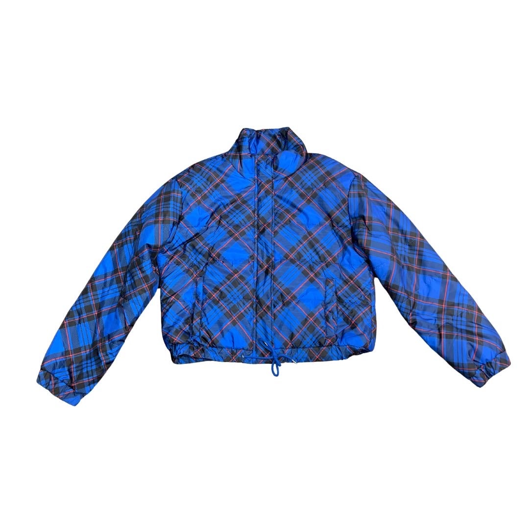 Ashley Outerwear Juniors Royal Blue Plaid Puffer Jacket Size XL Cropped