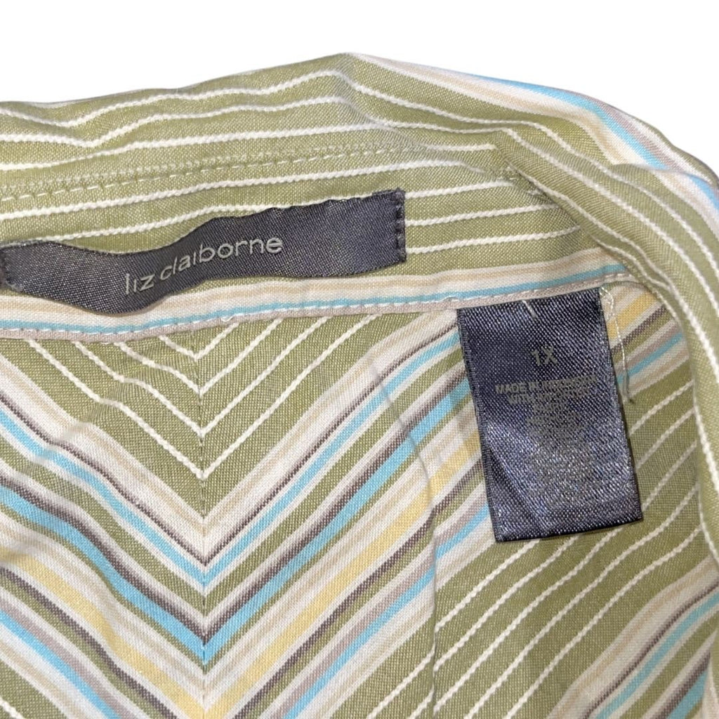 Liz Claiborne Green Striped Button up Long Sleeve Blouse Size 1X Retro Chic