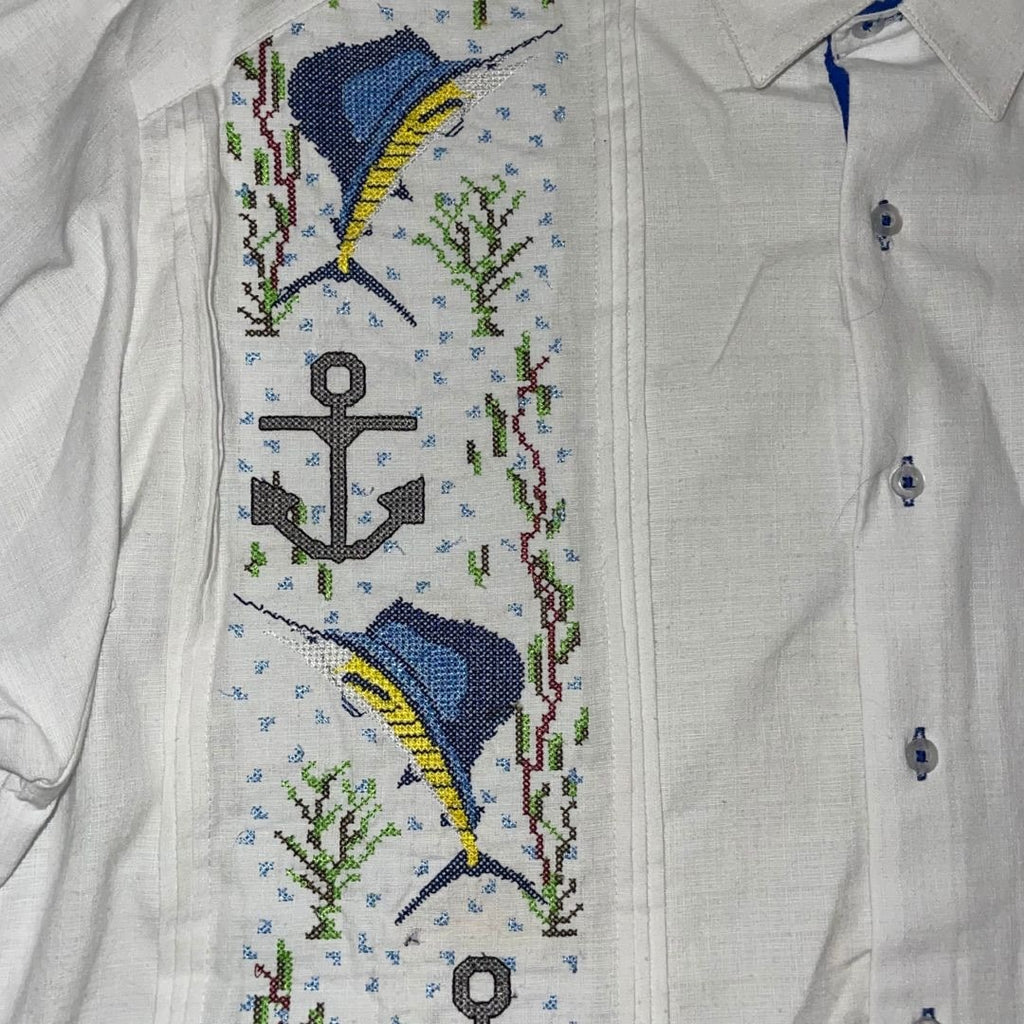 Kanan Long Sleeve Button Shirt SZ 48 Embroidered Nautical Fishing Vacation