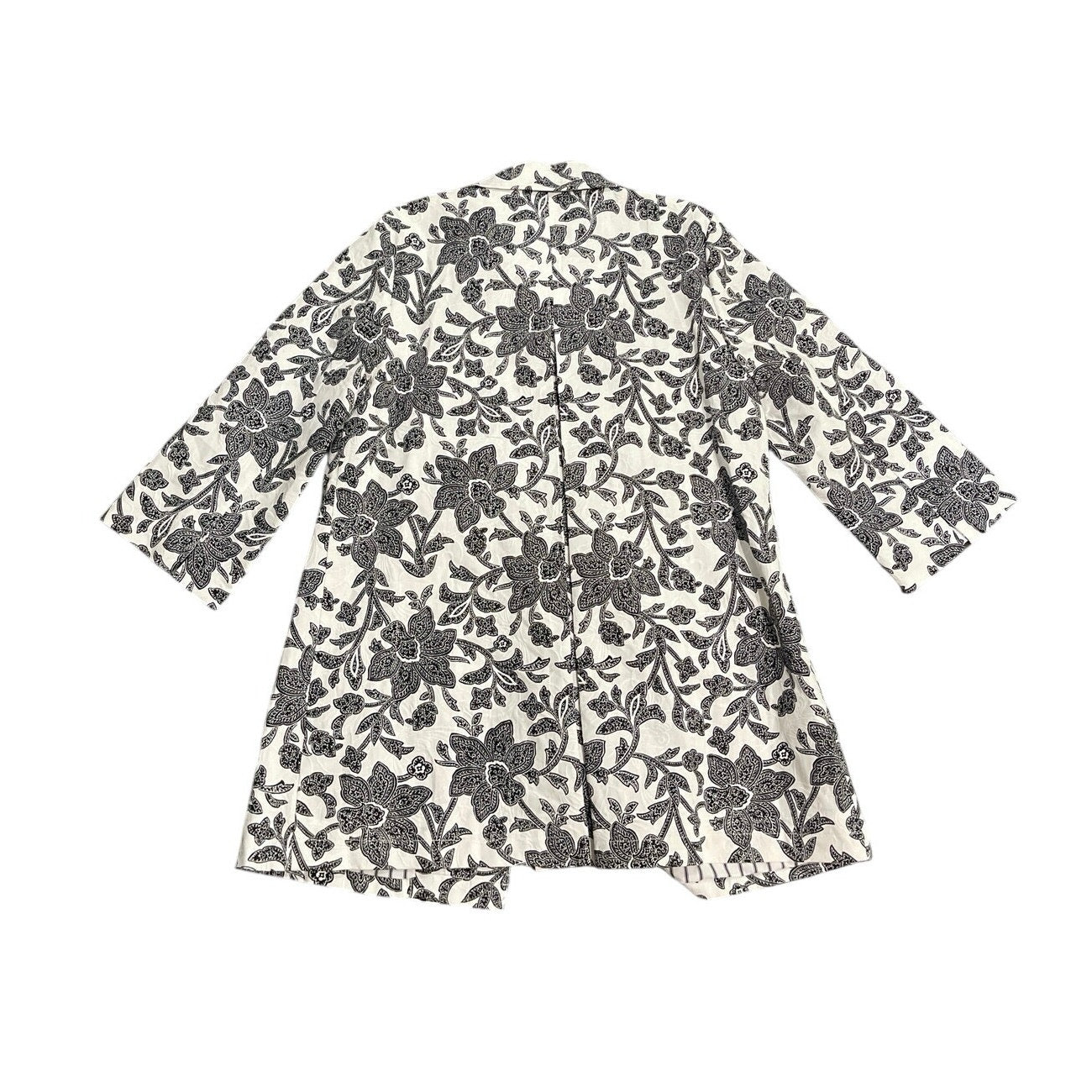 Chico's Floral Print Pleat Back Topper Jacket Black White Floral 8/10 Botanical