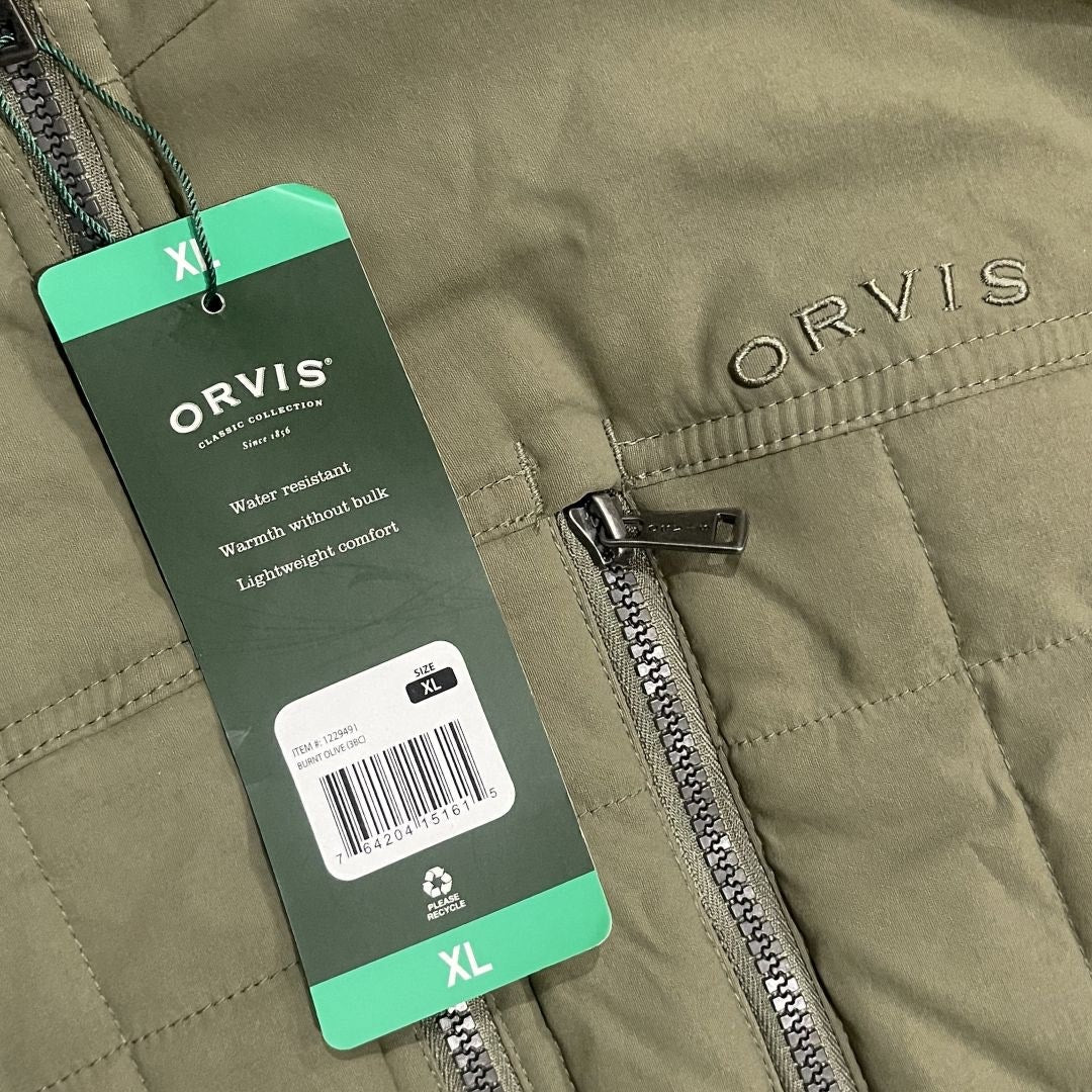Orvis Quilted Hooded Jacket Olive Green Full Zip XL Water Resistant Outdoors NWT