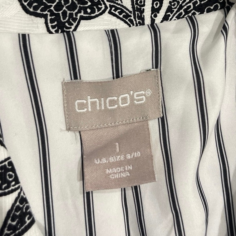 Chico's Floral Print Pleat Back Topper Jacket Black White Floral 8/10 Botanical