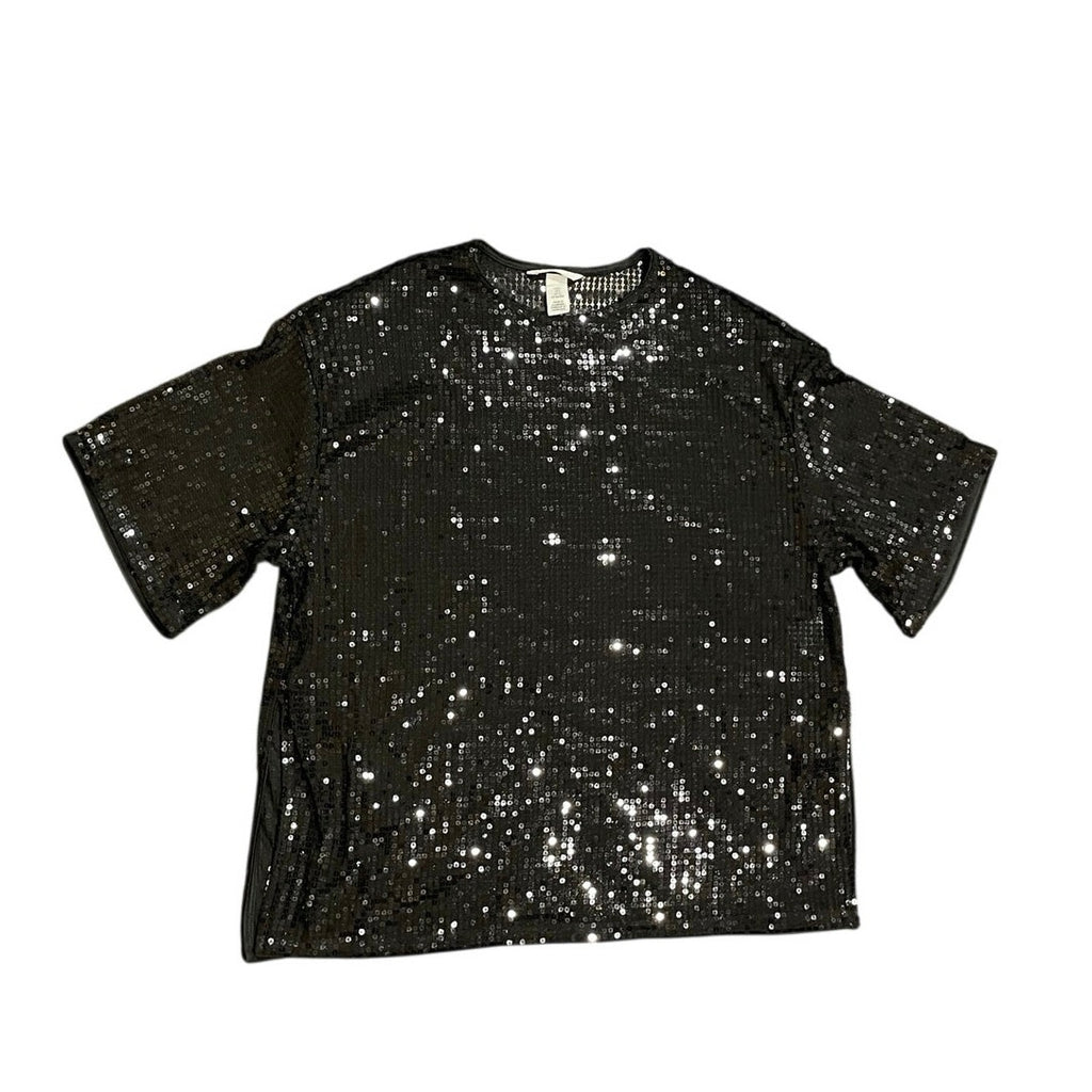 H&M Black Oversized Sequined Semi Sheer Top SZ S Side Slits Relaxed Boxy Fit