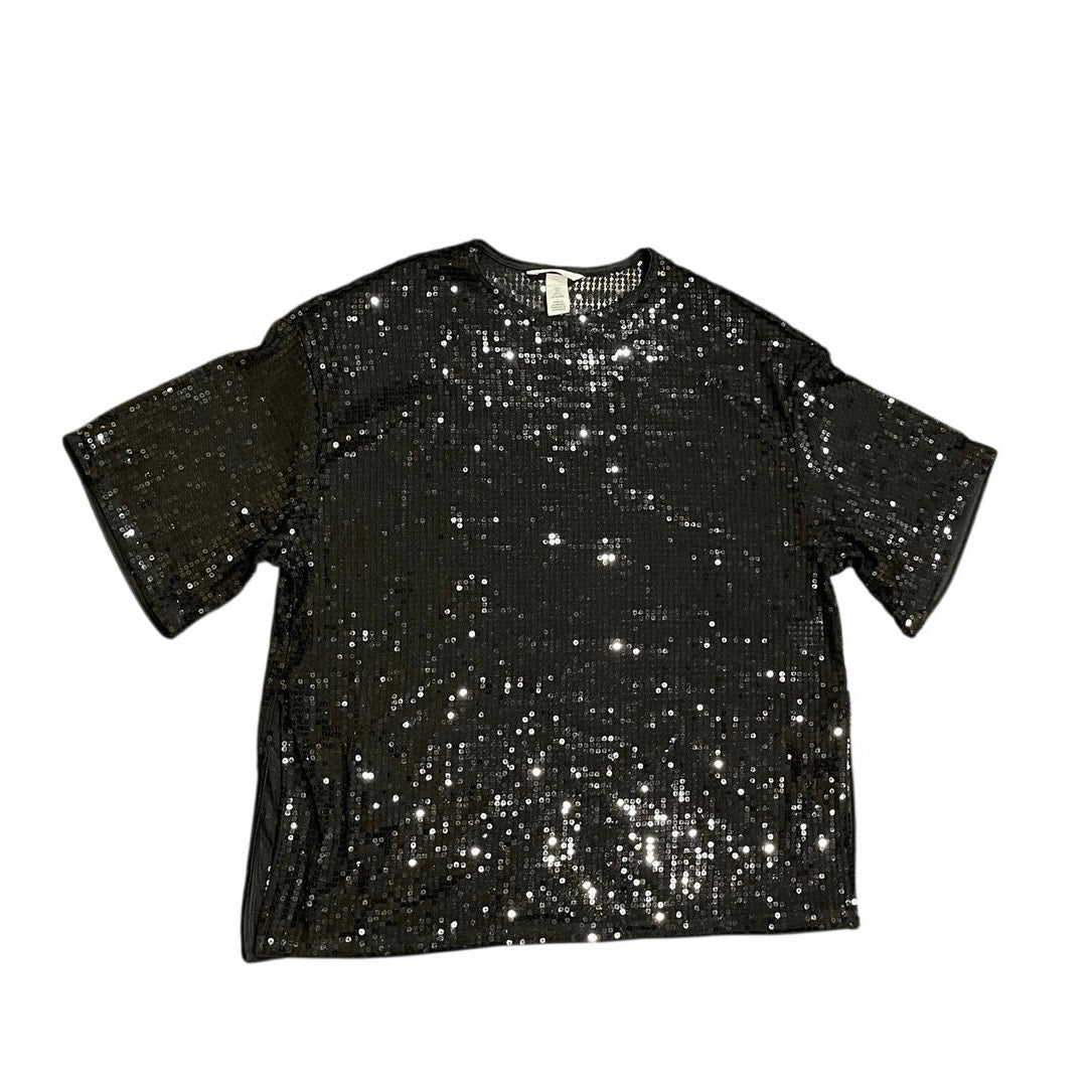 H&M Black Oversized Sequined Semi Sheer Top SZ S Side Slits Relaxed Boxy Fit