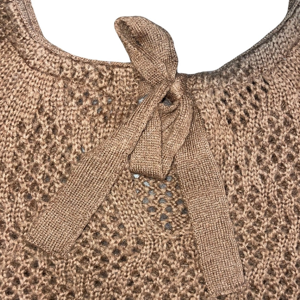 Brown Open Knit Short Sleeve Sweater Tie Back Detail Size Large Boho Crochet