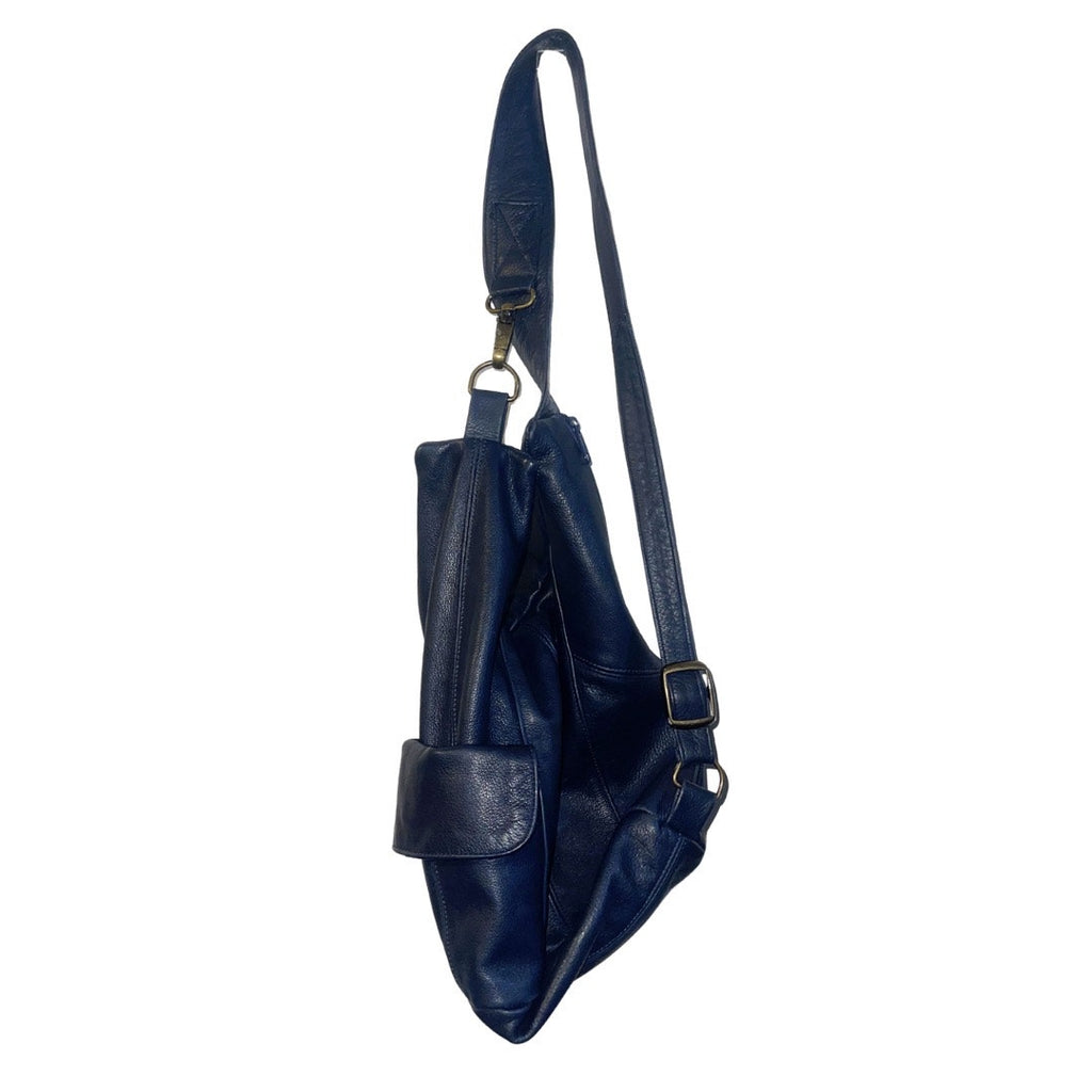 Blue Leather Comfort Carry all Single Strap Sling Bag Purse Indie Boho