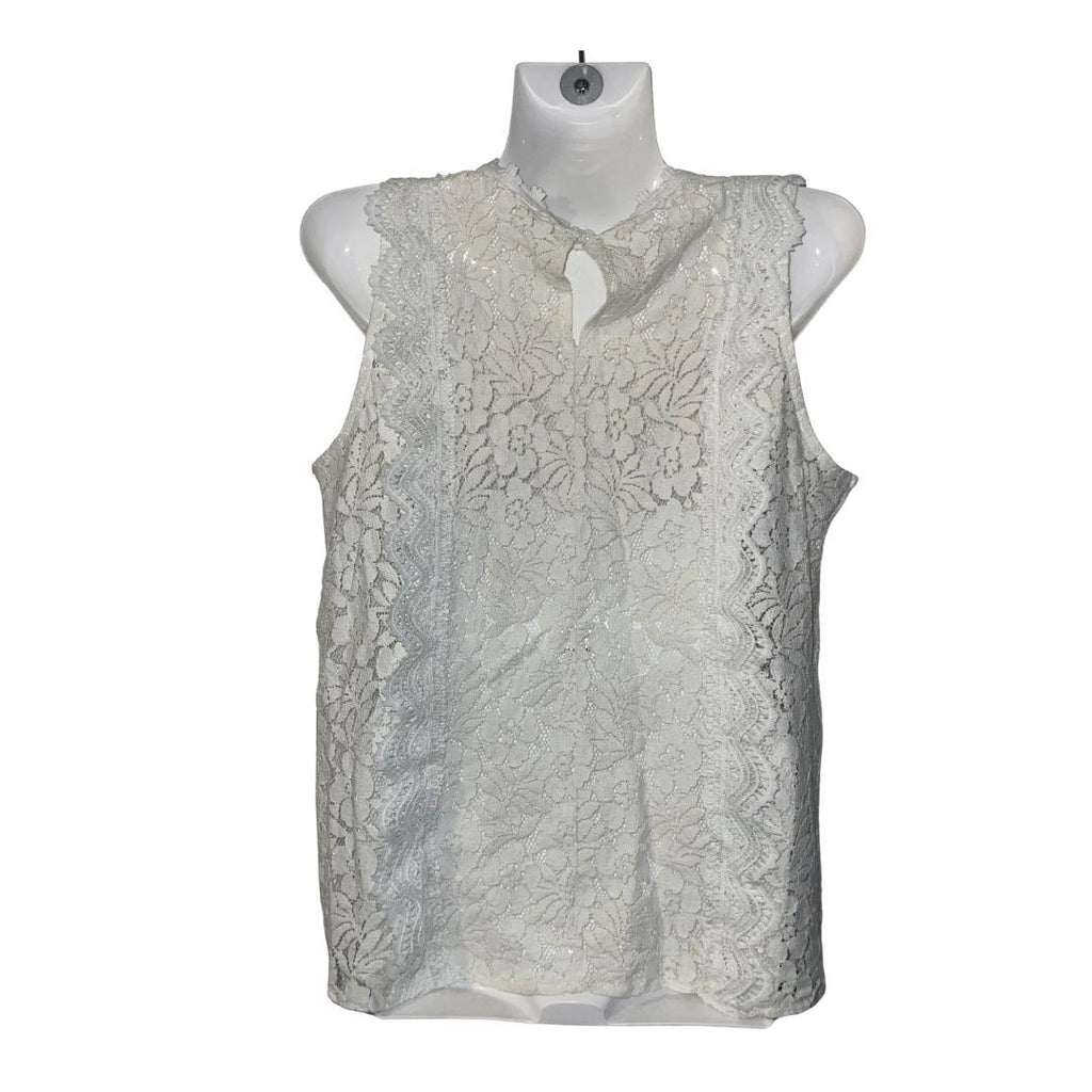 White Floral Lace Sleeveless V-Neck Top Blouse Size Large Summer Boho Chic
