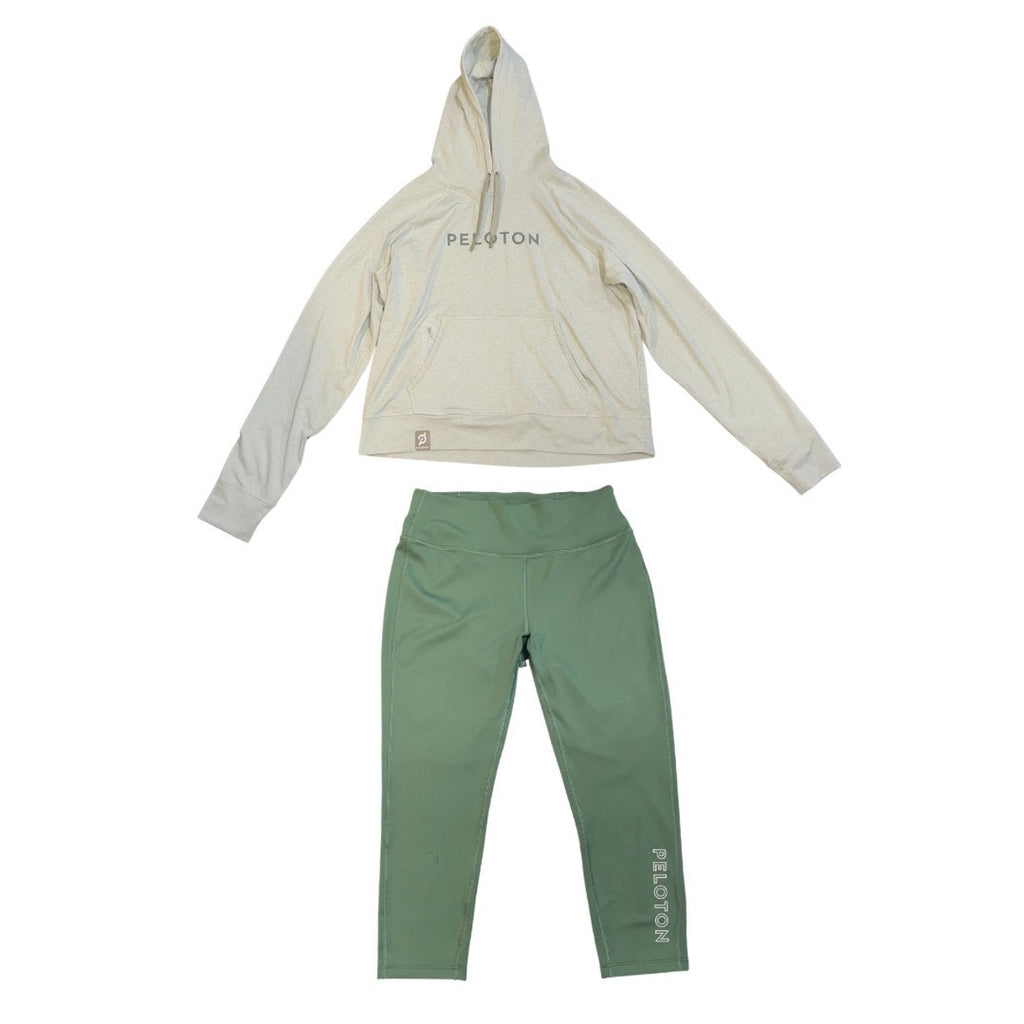Peloton Sage Green Soft Dream-blend Hoodie & Jade Green Capri Medium Workout Set