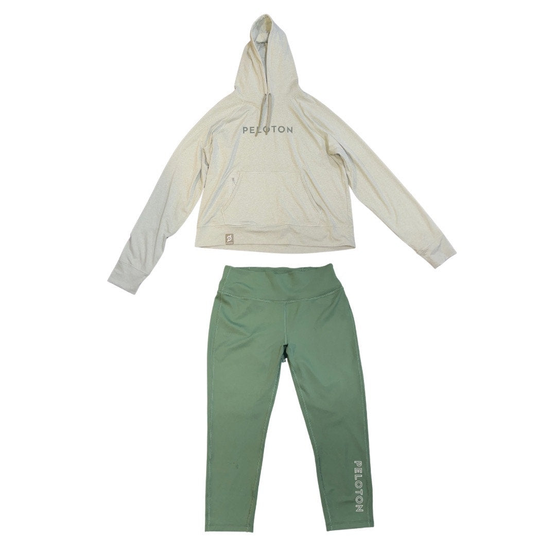 Peloton Sage Green Soft Dream-blend Hoodie & Jade Green Capri Medium Workout Set
