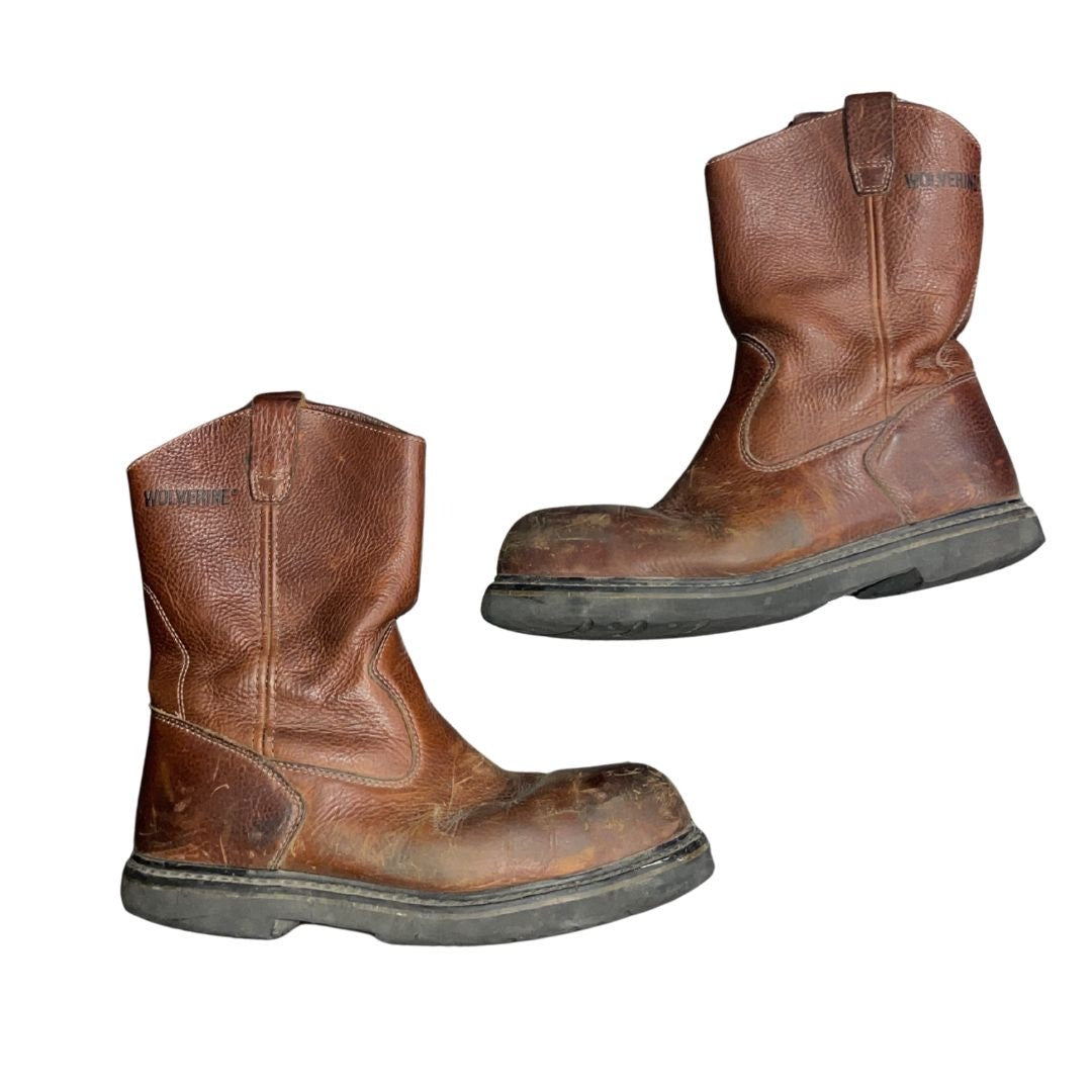 Wolverine Steel Toe Wellington Work Boots Brown Leather Slip On Size 11 Utility
