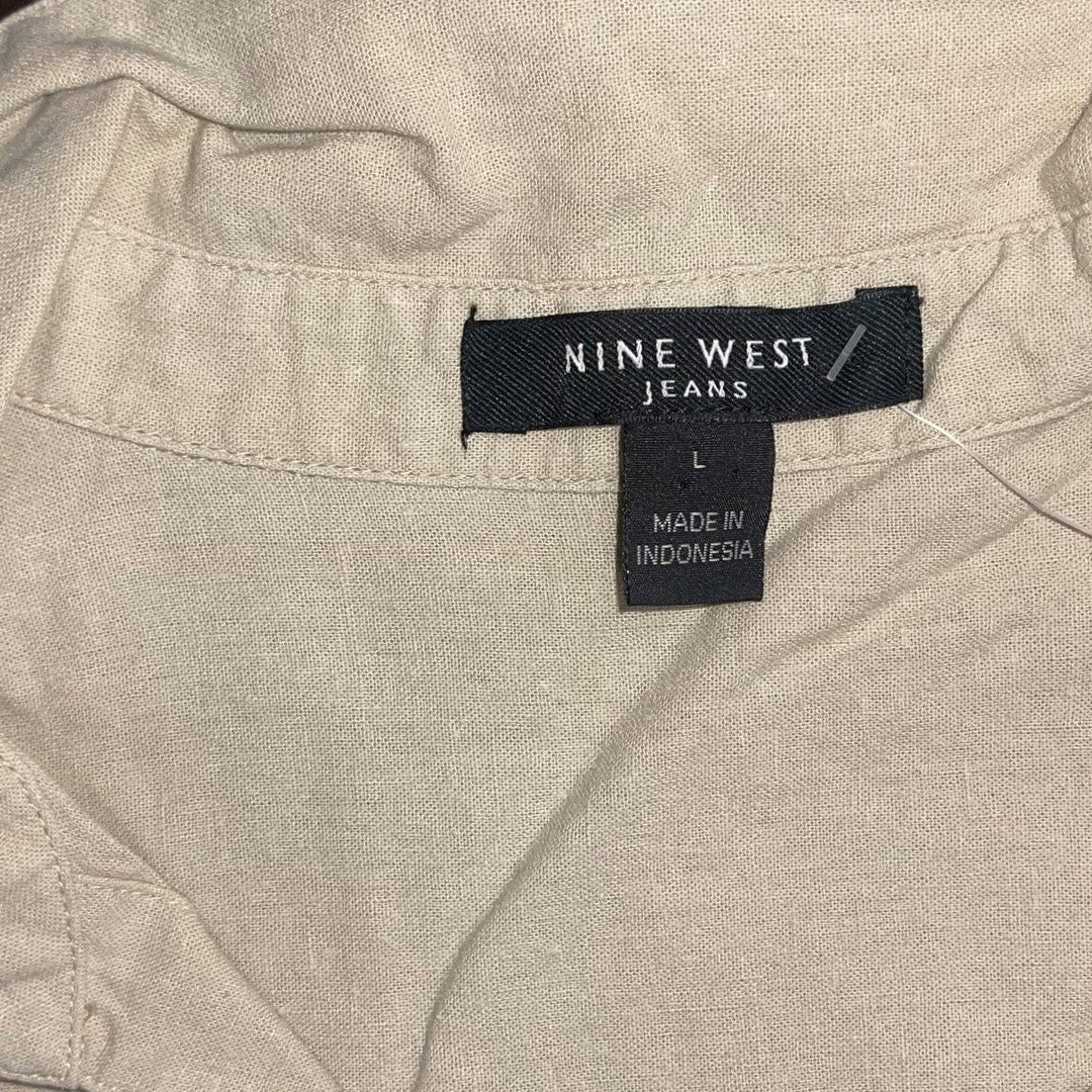 Nine West Jeans Long Sleeve Blouse Top Linen Blend V neck Size Large Casual Work