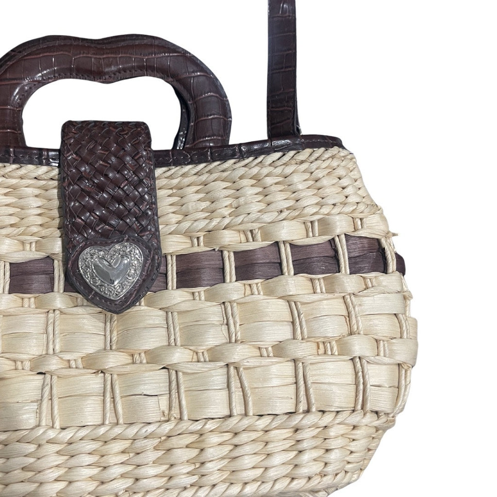 Straw Raffia Wicker Two Tone Handbag Silver Heart Detail Closer and Tag Western