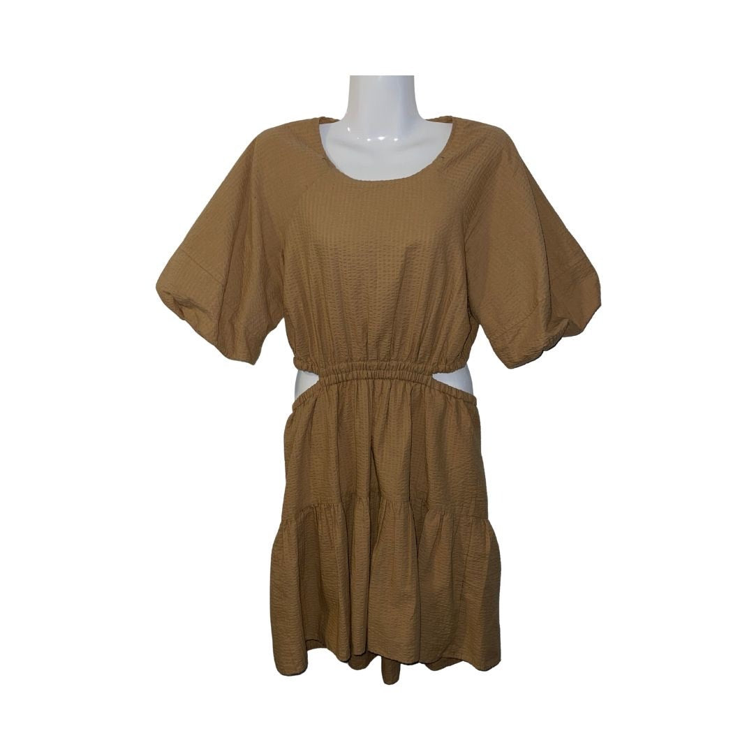 Madewell Seersucker Puff Sleeve Cutout Mini Dress Khaki Boho Size Small