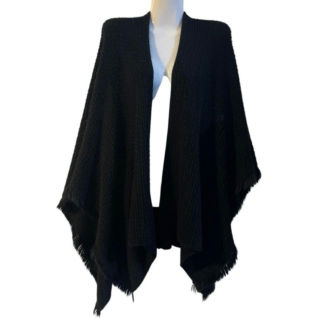 Van Heusen Open Front Knit Shawl Wrap Poncho Fringe Hem One Size Boho Artsy