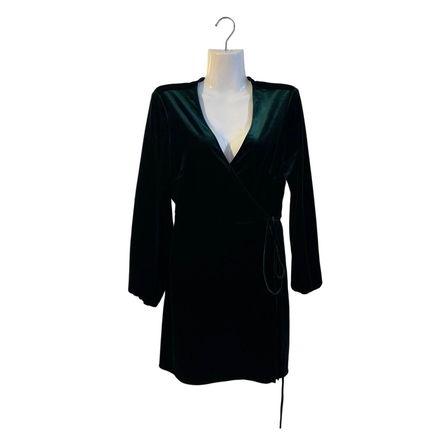 Zara Emerald Green Velvet Wrap Mini V-Neck Long Sleeve Dress SZ M Holiday Party