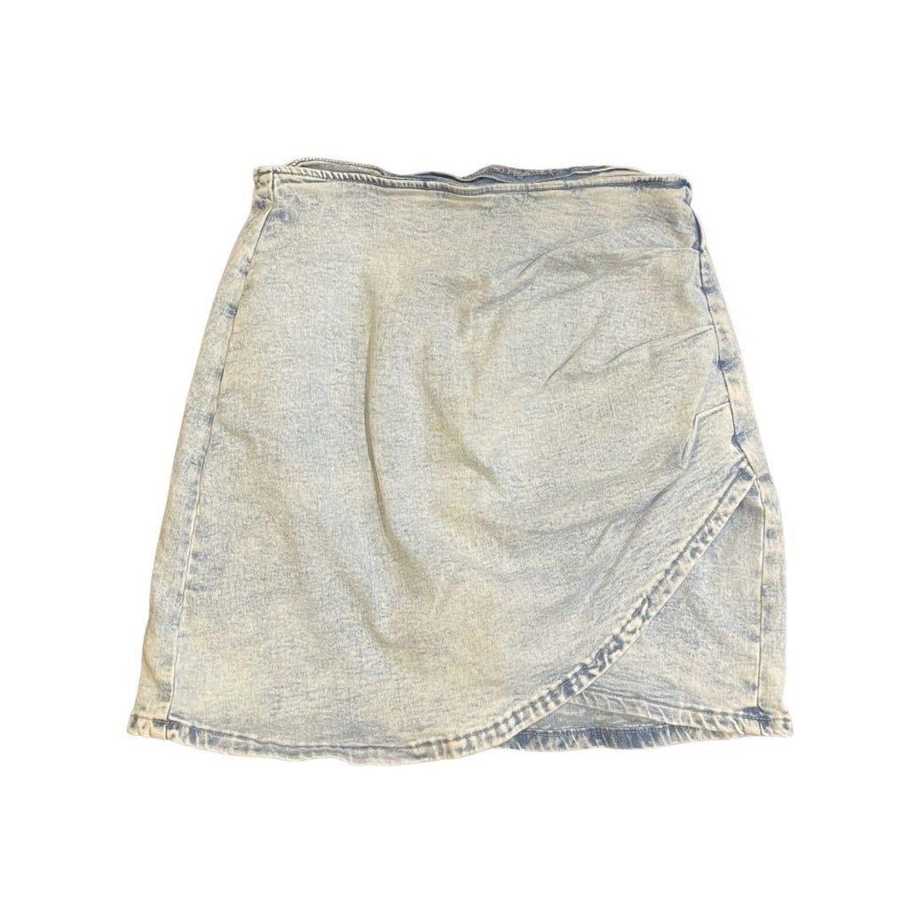 Stone Wash Denim Faux Ruched Wrap Jean Skirt Stretch Large 80s Disco Y2K Vintage