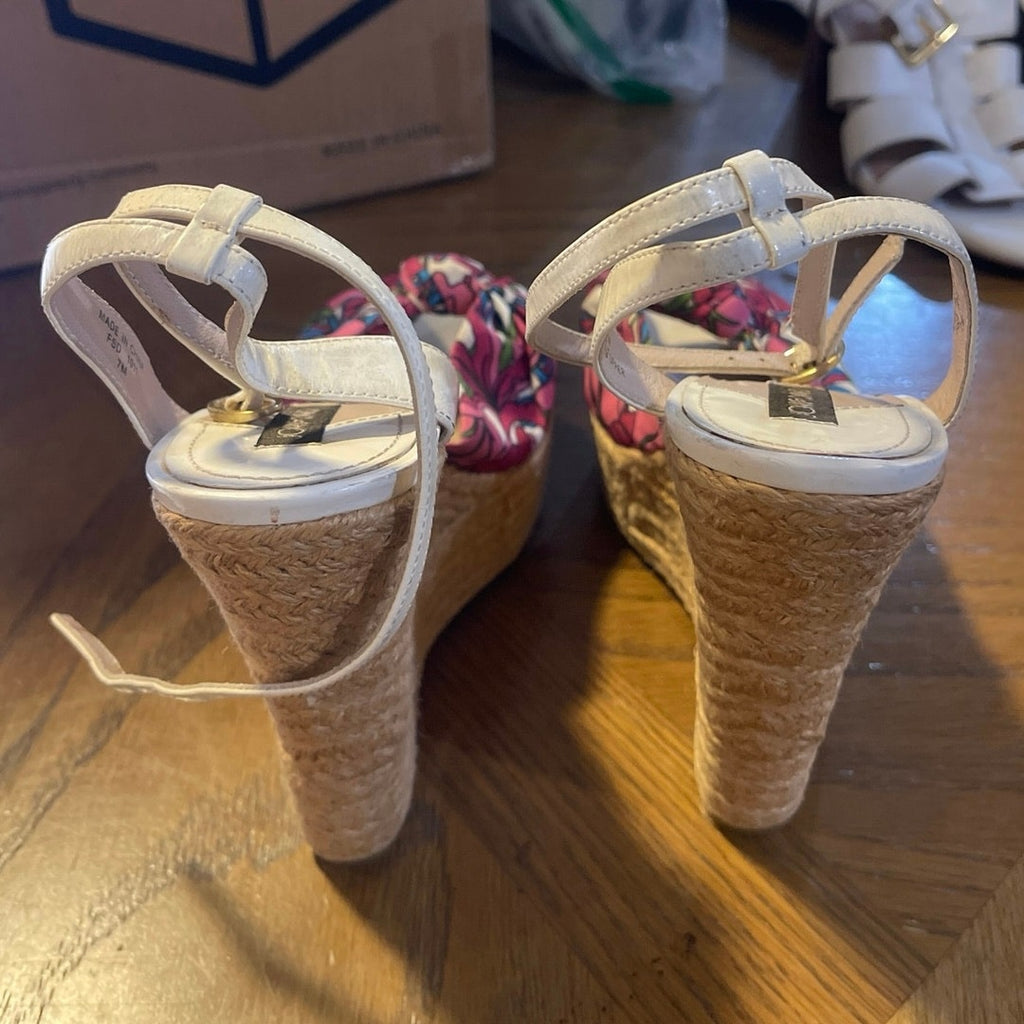 Joan & David Sharone Pink Floral Espadrille Wedge Platform Sandals SZ 7 Peep Toe