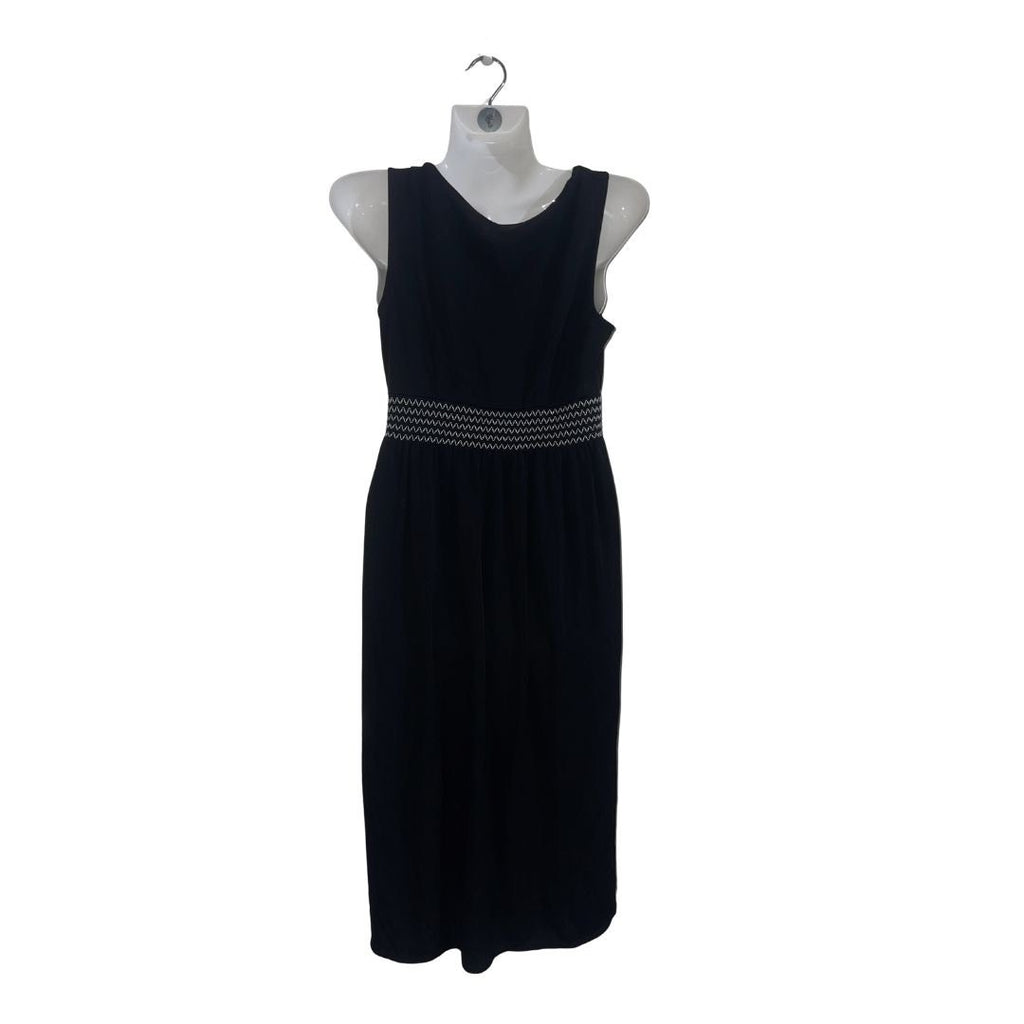 Ann Taylor Sleeveless Black V-Neck Shift Dress Embroidered Zigzag Stitching SZ 4
